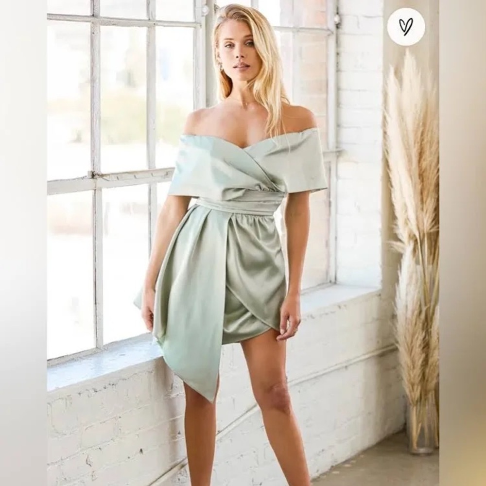 Always Celebrating Sage Green Satin Off-the-Shoulder Mini Dress